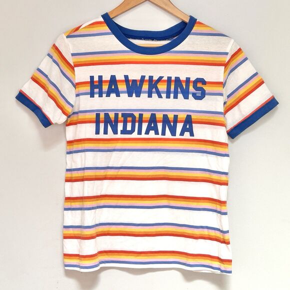 Stranger Things Tops - Stranger Things Hawkins Indiana Rainbow Stripe Graphic T Shirt Womens S